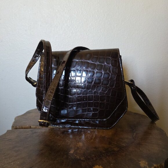 Vintage Made in Italy Croc Embossed Brown Leather Crossbody Bag Brass Hardware - Picture 13 of 16